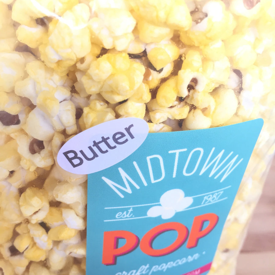 Close-up of a Butter popcorn label