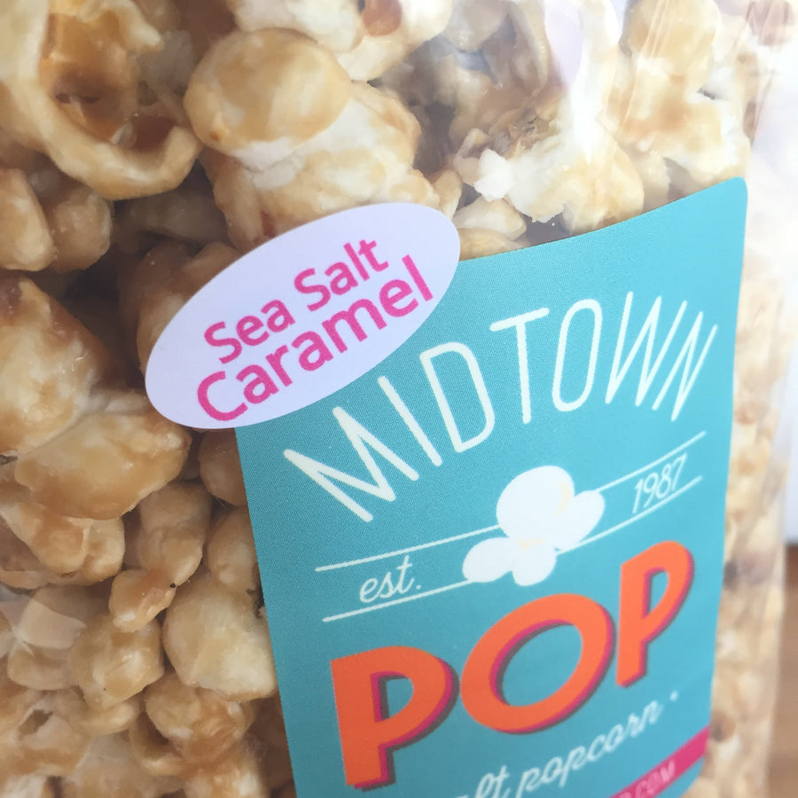 Close-up of a Sea Salt Caramel popcorn label