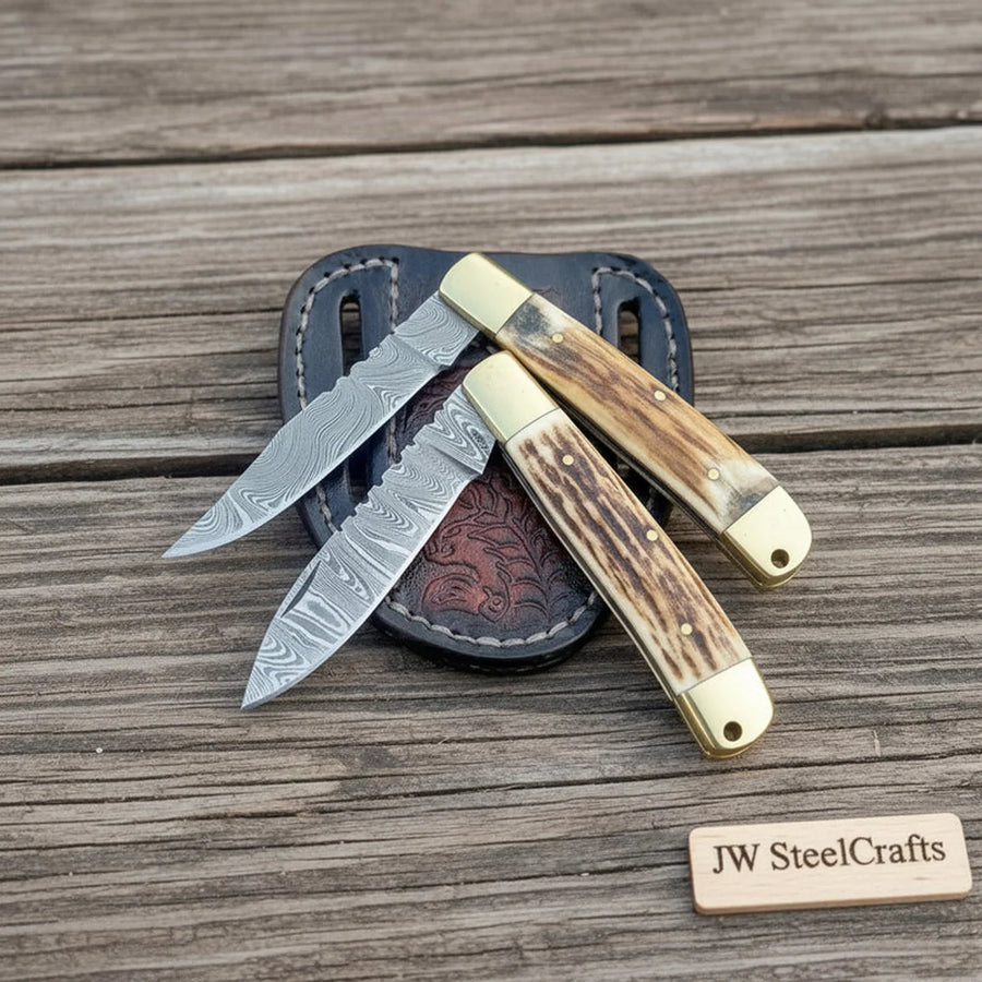 Damascus Stag Lockback Folding Knife Set of 2 Synthetic Stag Handle Brass Bolster Slip Joint EDC
