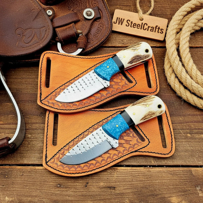 Handmade Farrier Knife Set of 2 – 6 Inch Raindrop Damascus Steel with Resin Pinecone Handle