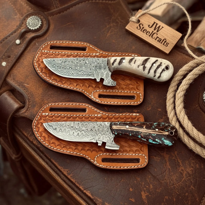 2 Piece Damascus Tracker Knife Set with Ram Horn and Pinecone Resin Handles