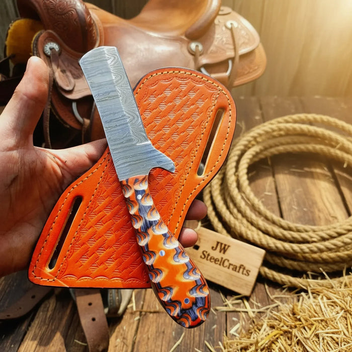 Damascus Straight Razor Knife with Multicolor Resin Handle