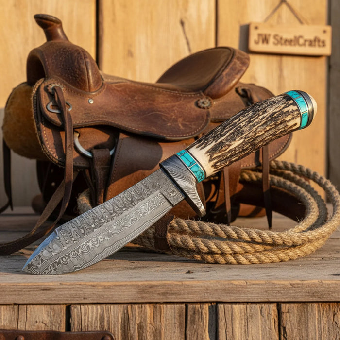 Persian Yuma Deer Antler Knife with Stag Horn and Turquoise Handle