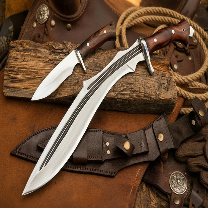 Pronged Kukri Machete with MUK Knife with Wood Handle
