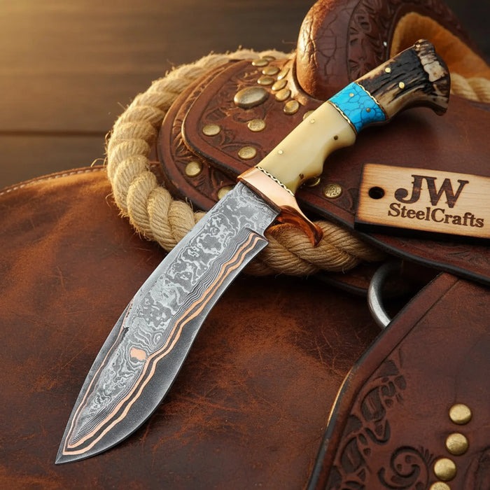 Handmade San Mai Damascus Knife Copper Kukri with Camel Bone Handle