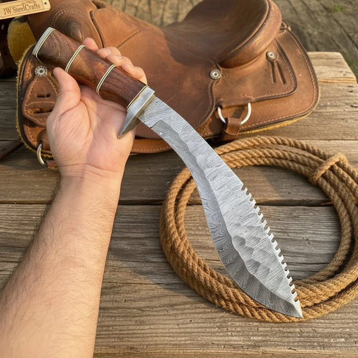Damascus Sawback Kukri with Forward Curved Blade and  Rosewood Handle