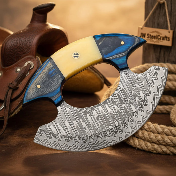 Pakkawood Handle Ulu Rocker – Hand-Forged Damascus Steel Crescent Knife with Mosaic Pin Detail