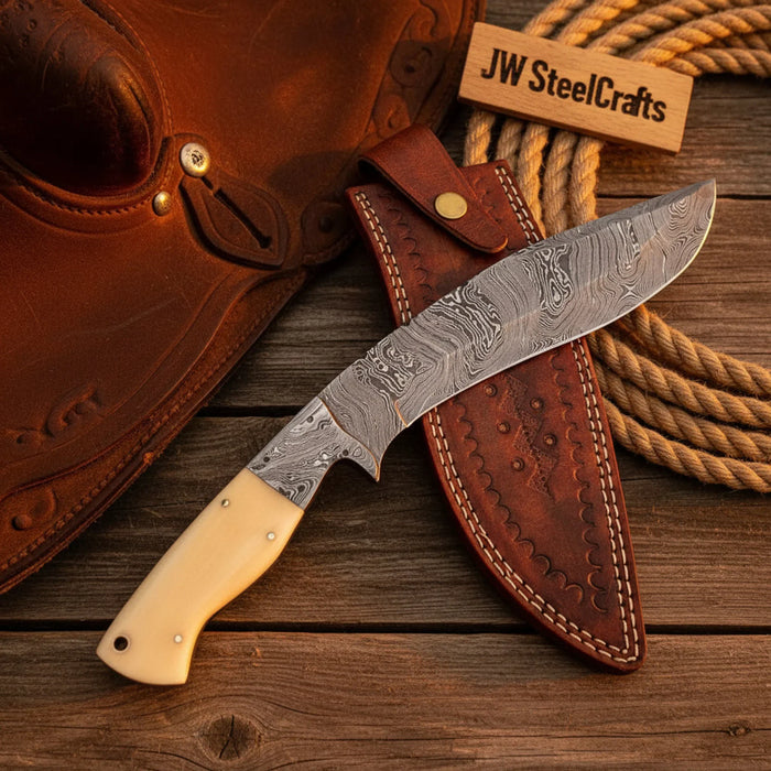 Handmade Damascus Steel Cleaver Knife, Camel Bone Handle, 9" Blade