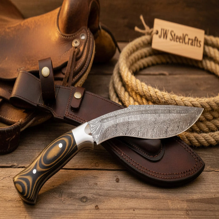 Damascus Tracker-Kukri Hybrid with Micarta Handle and Steel Bolster