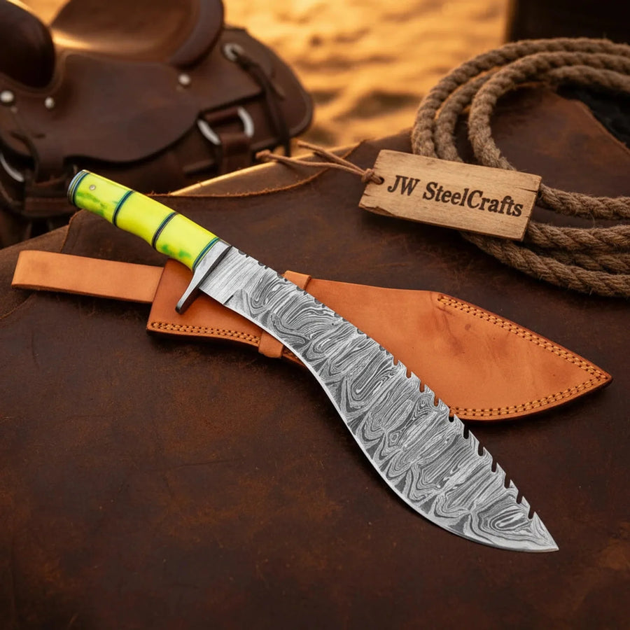 Damascus Gurkha Machete Knife yellow Resin Handle Serrated Spine Leather Sheath 15"