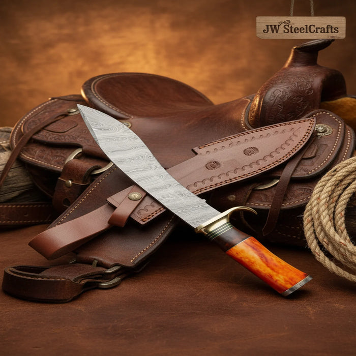 Damascus Scimitar Kukri Knife with Colored Bone Handle