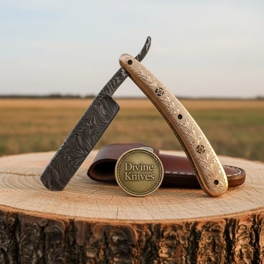 Engraved Brass Damascus Straight Razor – Handcrafted Ornate Cut-Throat Razor with Floral Handle