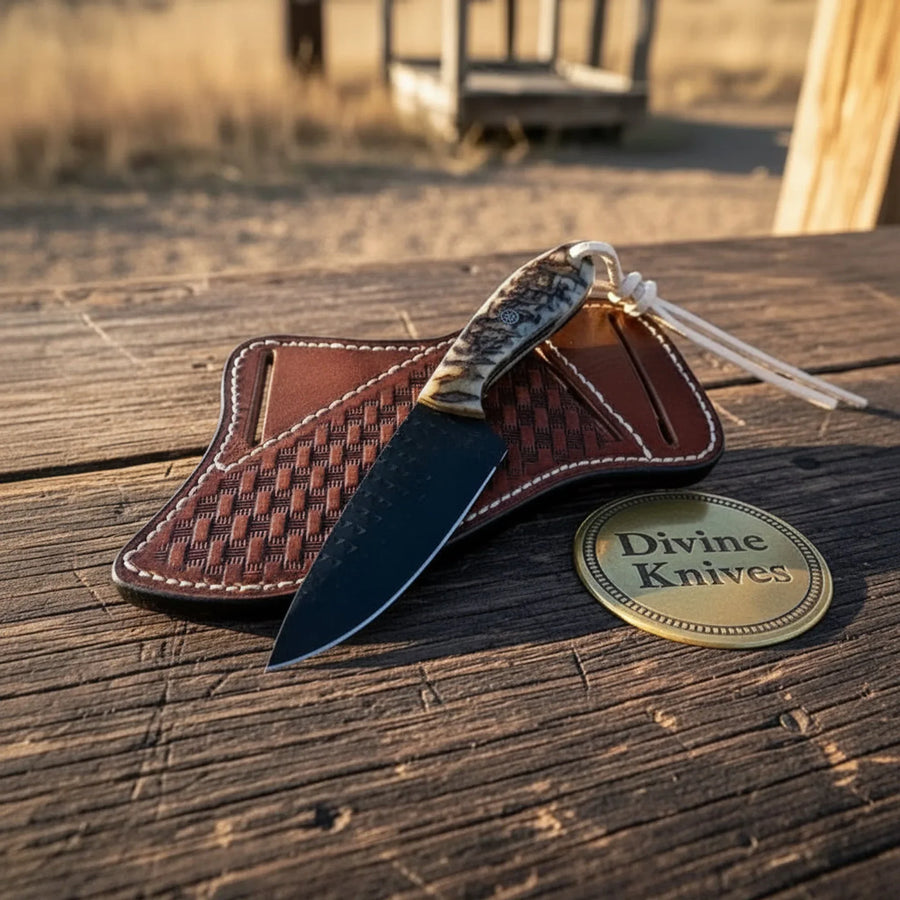 Ram Horn Cowboy Knife with Black-Coated Rasp Steel Blade – Rugged Outdoor Tool