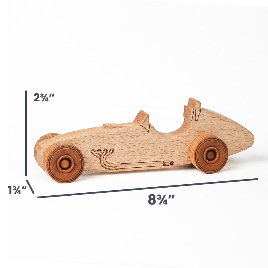 Beech Indy Special Wooden Toy Car, 8.75 in. with dimension annotations