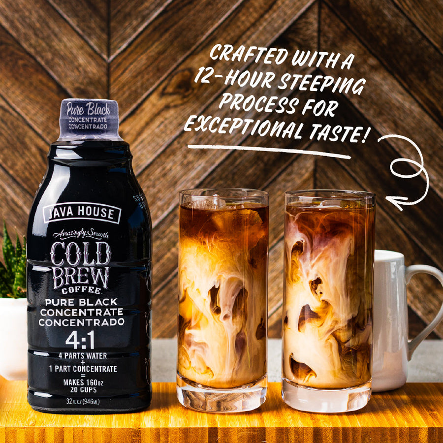Concentrate bottle and iced drink with brewing-process message