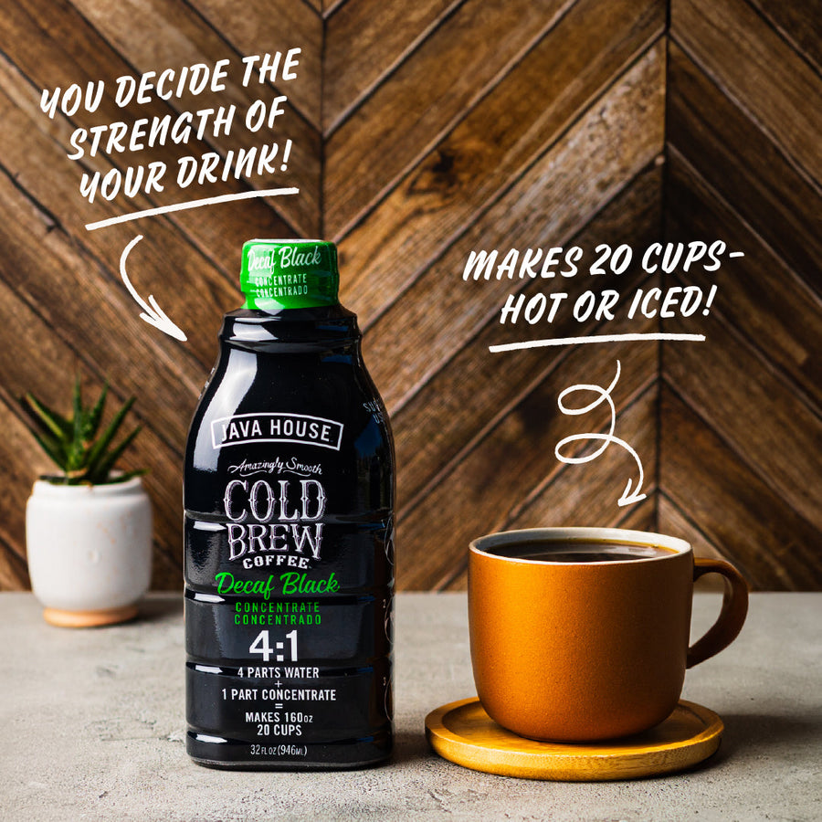 Decaf concentrate bottle shown with hot and iced coffee