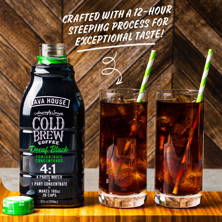 Decaf concentrate bottle and prepared latte with process message