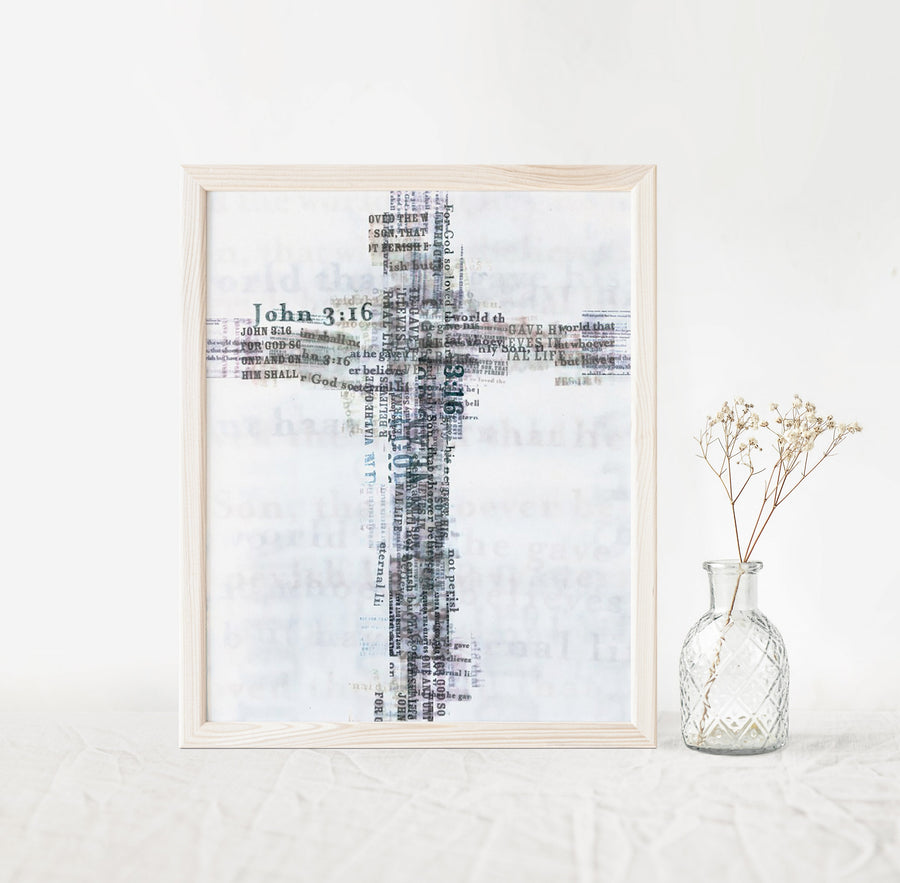 God So Loved the World art print with a cross formed from John 3:16 typography.