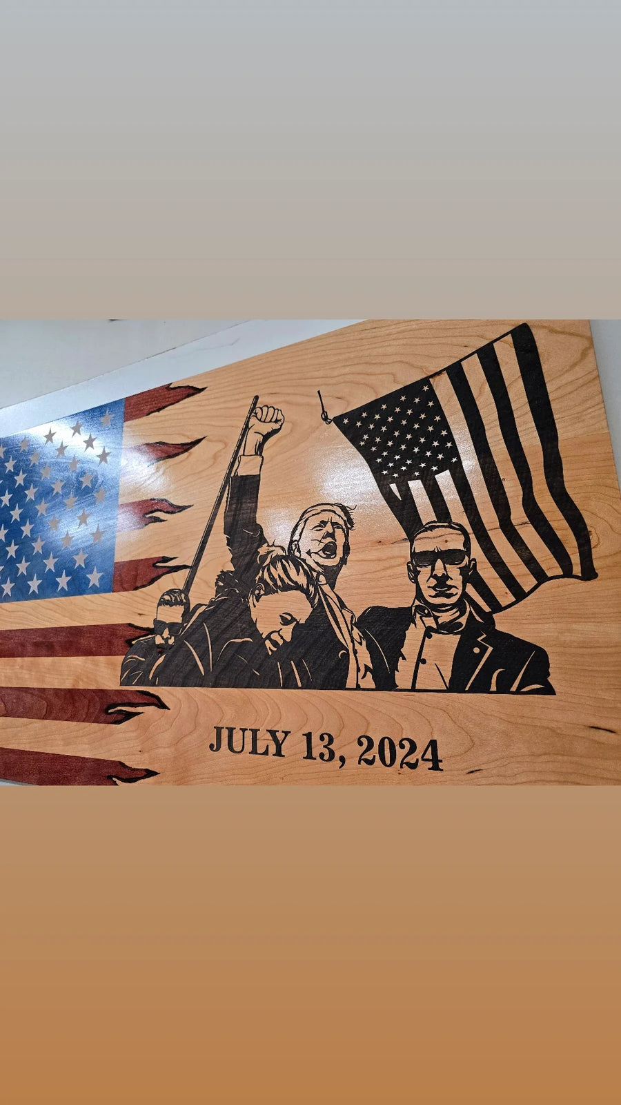 Trump Fight Flag cherry wood wall art displayed with other handcrafted patriotic wooden flag artwork
