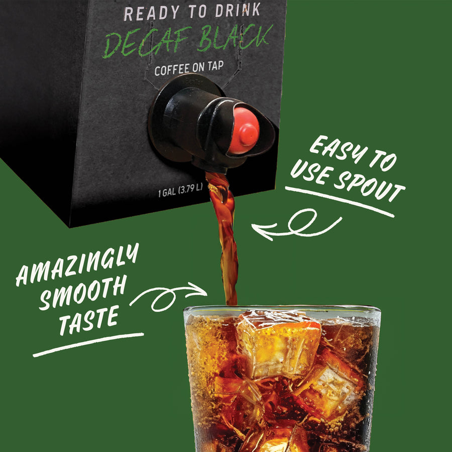 Decaf box spout pouring coffee over ice