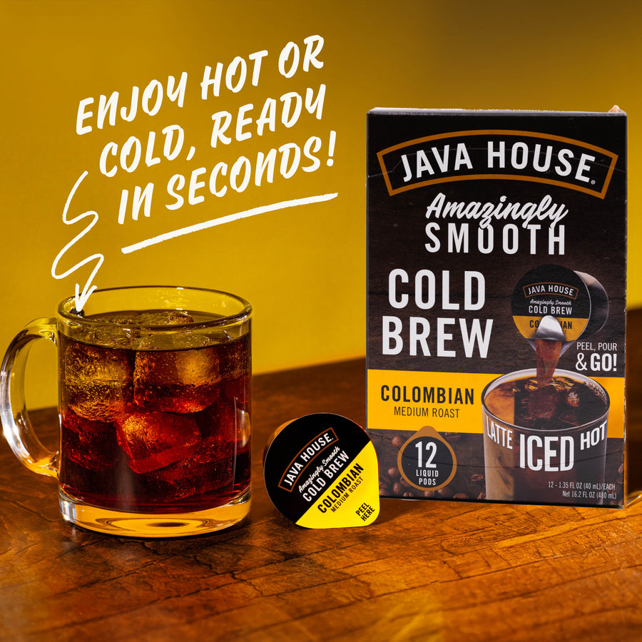 Colombian coffee shown for hot or iced serving