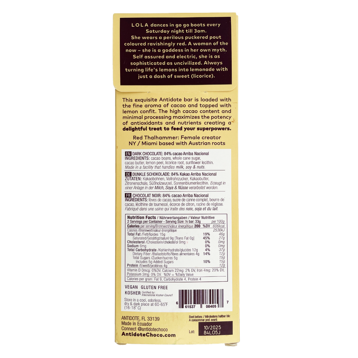 Antidote Chocolate LOLA: LEMON + LICORICE 84% - 12 Bars by Farm2Me