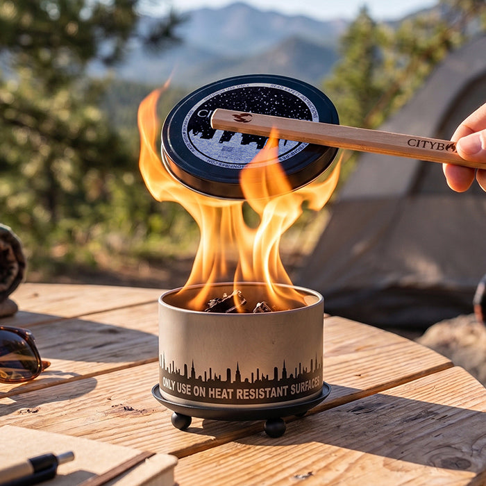 Lid Buddy holding a bonfire lid over the flame outdoors
