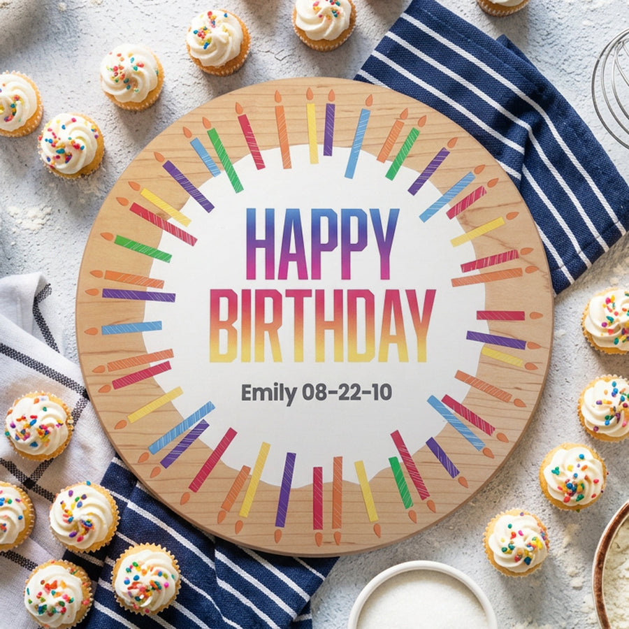Happy Birthday round wooden serving board styled with desserts