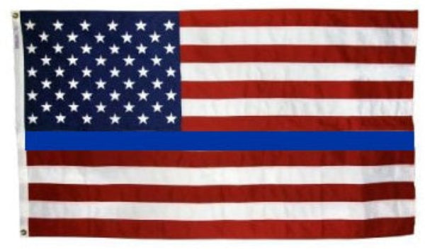 Heavy-duty polyester Thin Blue Line American flag made in USA with embroidered stars and sewn stripes