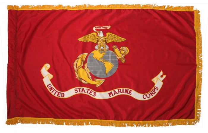 U.S. Marine Corps indoor parade flag in scarlet and gold with Eagle, Globe and Anchor emblem