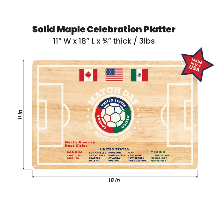 Soccer Pitch Maple Wood Serving Board with dimension annotations