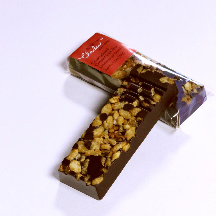 Mini Dark Chocolate Crisped Rice Bar displayed with opened packaging
