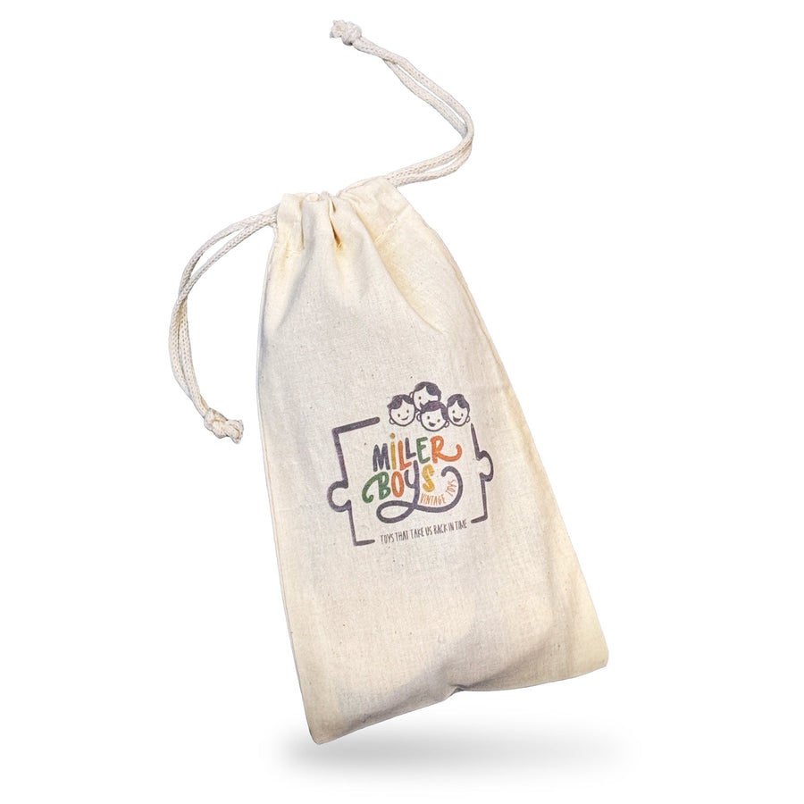 Cotton drawstring storage bag with Miller Boys Vintage Toys logo