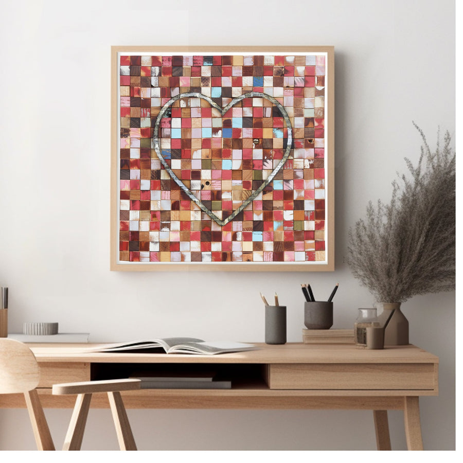 New Song in My Heart art print showing a heart outline over a colorful wood mosaic.
