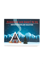 12 Days of Gourmet Nuts Winter Wonderland Selection après ski nut calendar with snow-covered cabin and mountains