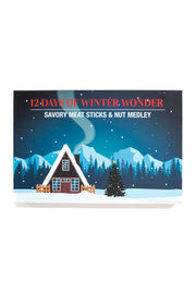 12 Days of Winter Wonder Savory Meat Sticks & Nut Medley Box with snowy cabin and mountain scenery background