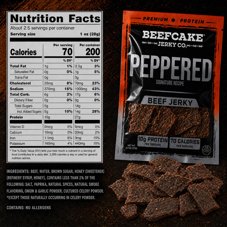 Peppered Beef Jerky current nutrition and ingredient panel showing 10 g protein and 70 calories per 1 oz serving