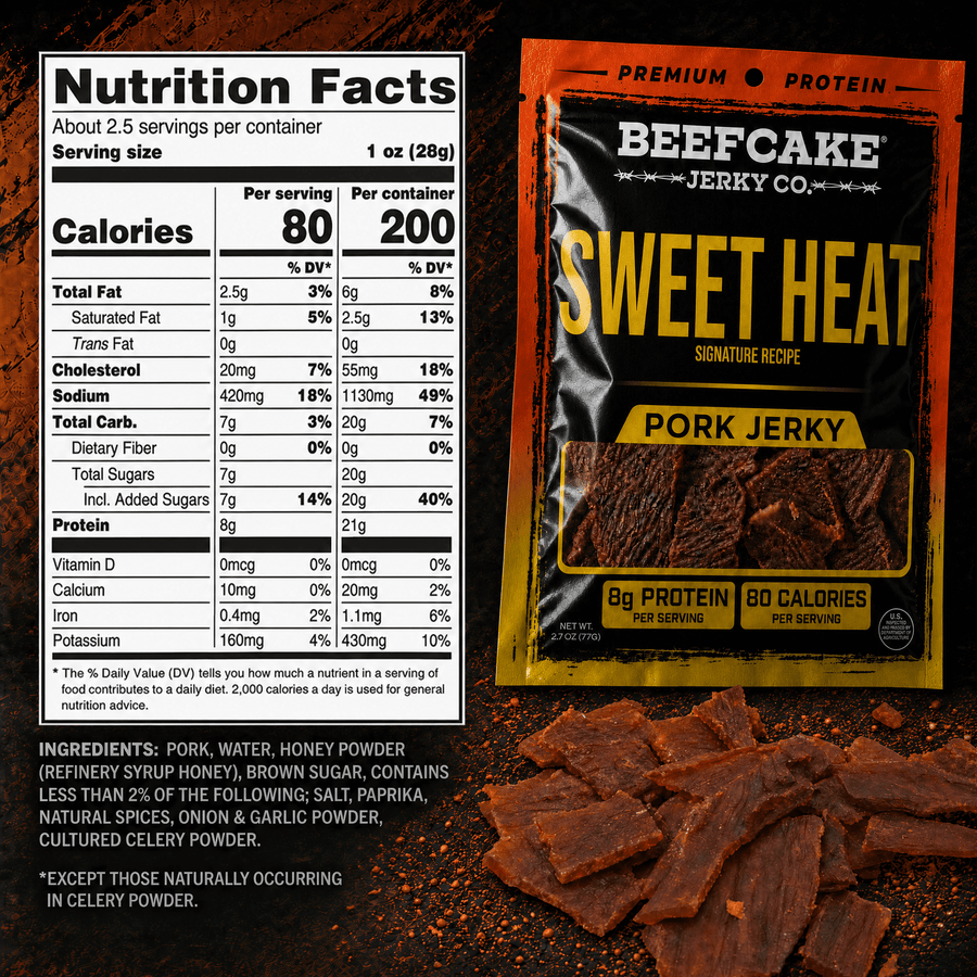 Sweet Heat Pork Jerky current nutrition and ingredient panel showing 8 g protein and 80 calories per 1 oz serving