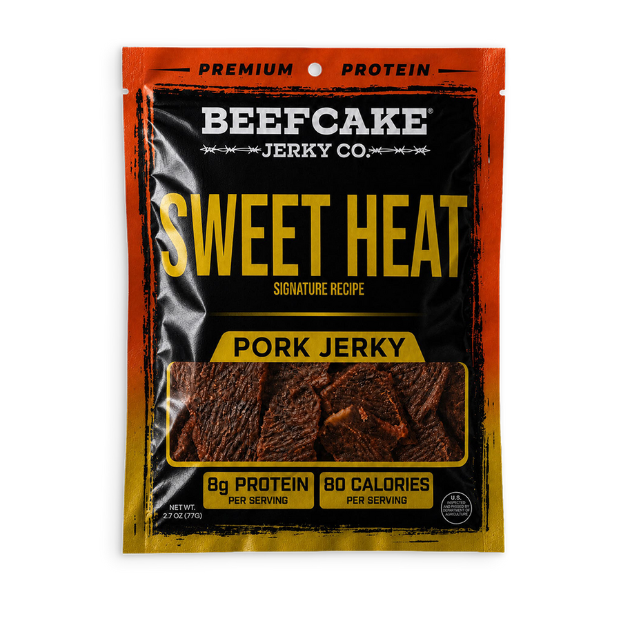 Sweet Heat Pork Jerky in the current black and orange 2.7 oz package with a clear jerky window