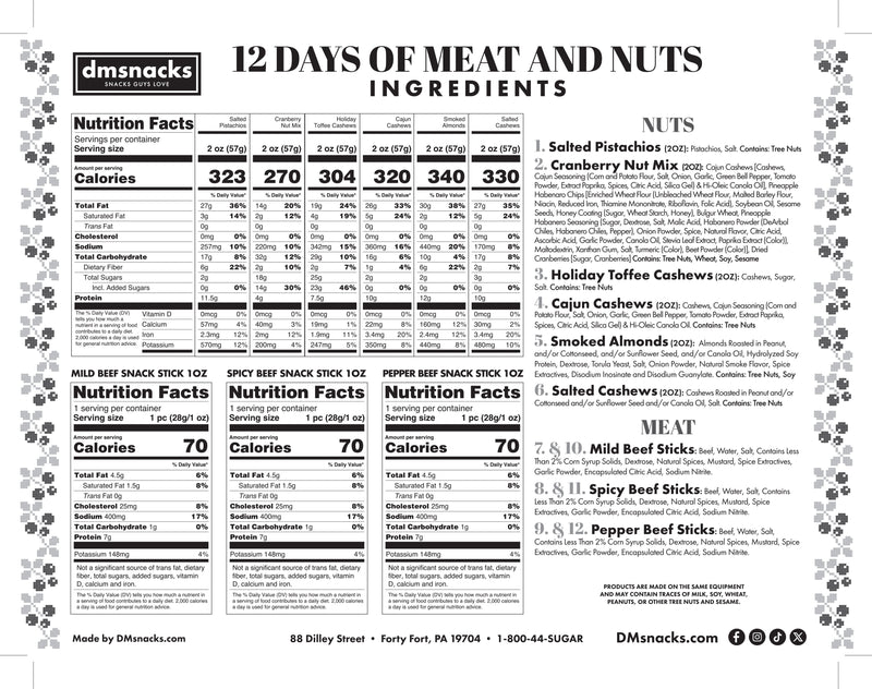 12 Days of Winter Wonder - Savory Meat Sticks & Nut Medley Advent Calendar - Gourmet Holiday Gift Box by DM Snacks
