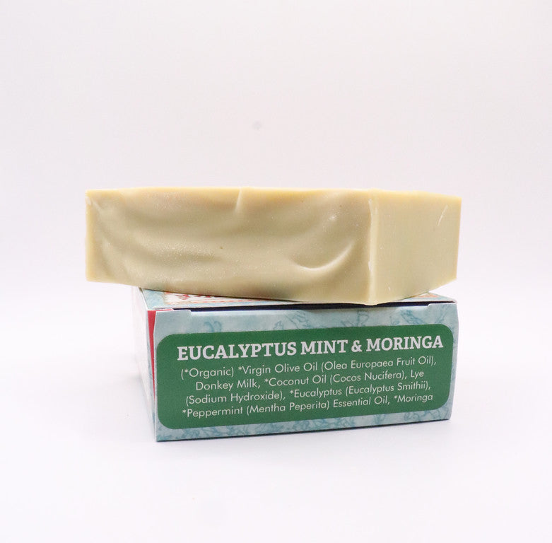 Eucalyptus mint and moringa soap above its printed ingredient label