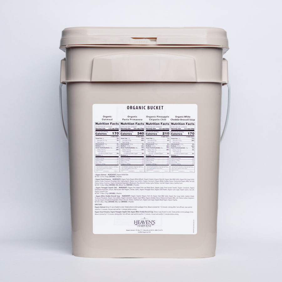 Organic emergency food bucket, rear label
