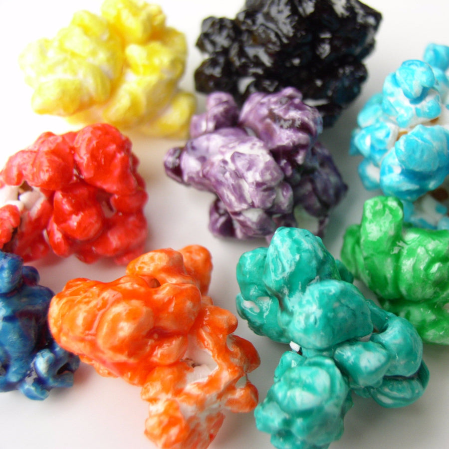 Assorted colors of candy-coated popcorn kernels