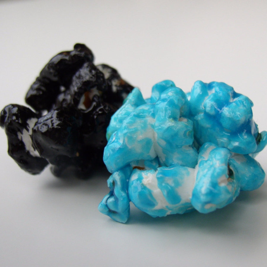 Black, white and blue candy-coated popcorn