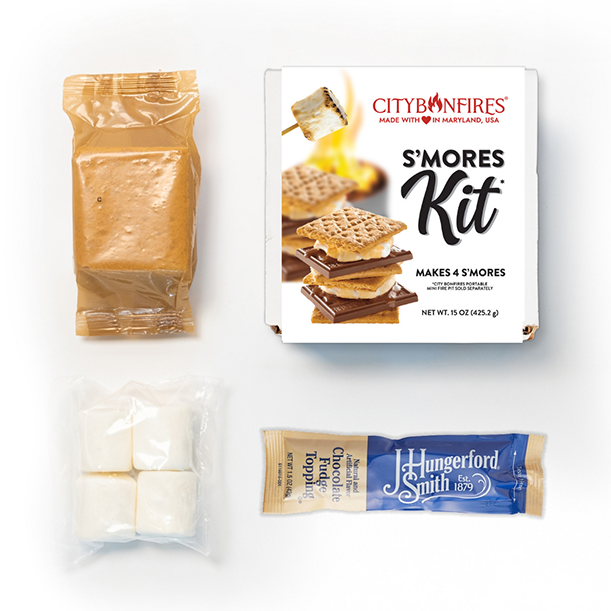 Fudge kit contents with crackers, marshmallows and packaged fudge