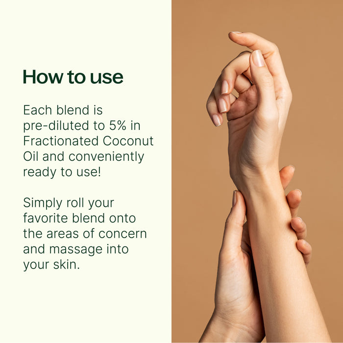 Pain Support Roll On Set - How to use - Each blend is pre-diluted to 5% in Fractionated Coconut Oil and conveniently ready to use! Simply roll your favorite blend onto the areas of concern and massage into your skin