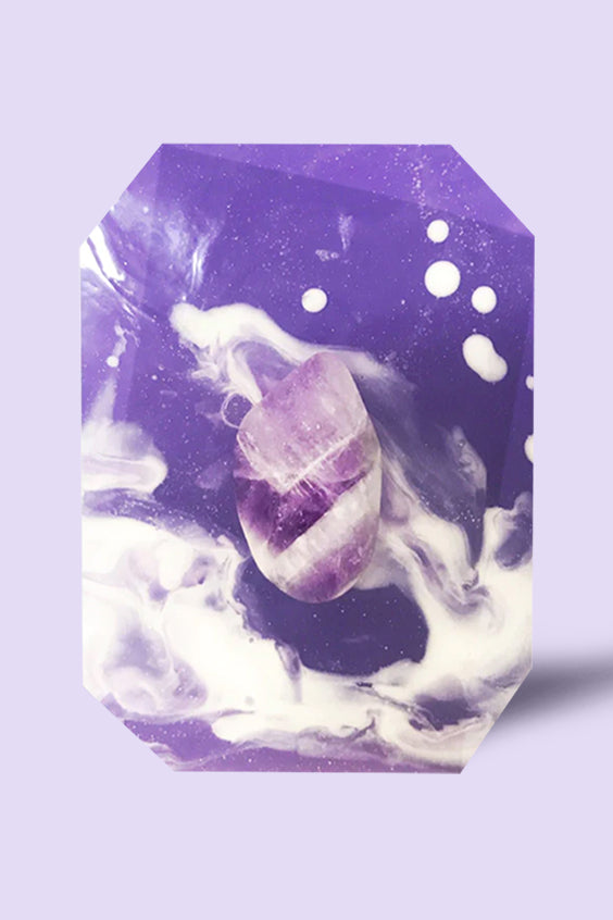 Peace Bridge purple and white soap with an embedded amethyst