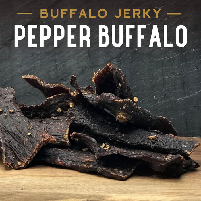 Pepper Buffalo Jerky, promotional photo with peppercorns and strips