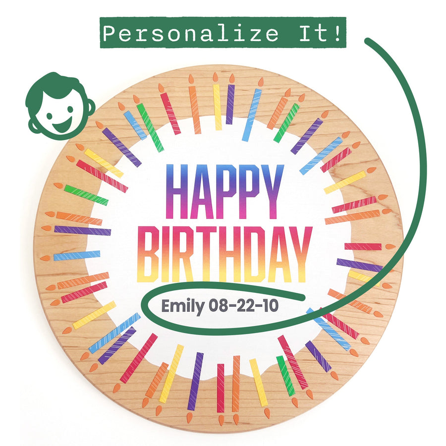 Happy Birthday wooden board showing an example of personalized name and date text
