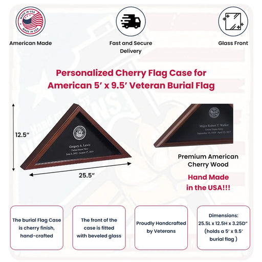 US Military Personalized Cherry Flag Case for American 5’x9.5’ Veteran Burial Flag, US Military Stuff Personalized Cherry Flag Case for American, The Military Gift Store, American Flag Frames